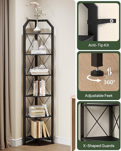 CHOEZON 6-Tier Corner Shelf, Industrial Corner Bookshelf, 71.2" Display Storage Stand, Plant Stand Display Shelf, Tall B
