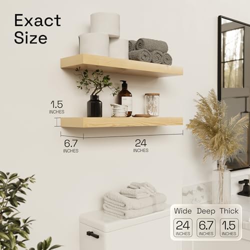 Solid Wood Floating Shelves for Wall 24 inch, Natural Wood, Wooden Shelf