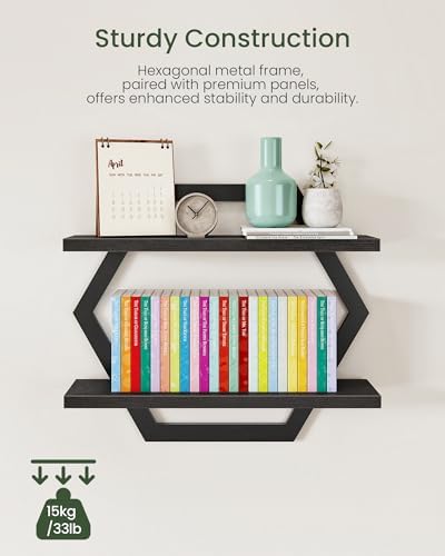 CHOEZON Hexagon Floating Shelves for Wall, Set of 2, 2 -Tier Hanging Shelves, Wall Mounted Storage Shelves, for Living R