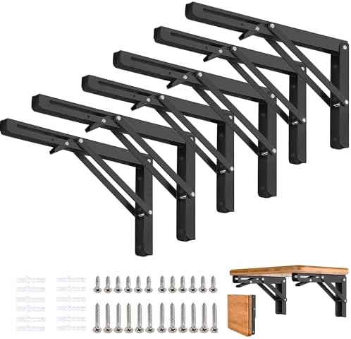 Folding Shelf Brackets - 16 Inch 6 Packs Heavy Duty Metal Collapsible Shelf Bracket, DIY Wall Mounted Foldable Shelf Bra