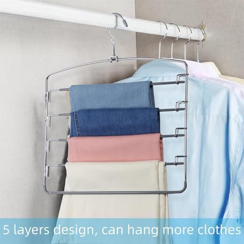 Pants Hangers 6 Pack 5 Layers Multi Functional Pants Rack Swing Arm Space Saver Hanger for Trousers Jeans Towels Scarf （Grey）