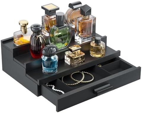Perfume Cologne Organizer for Men: 3 Tier Wooden Perfumes Stand, Desktop Parfum Holder Wood Display Shelf with Cabinet, 