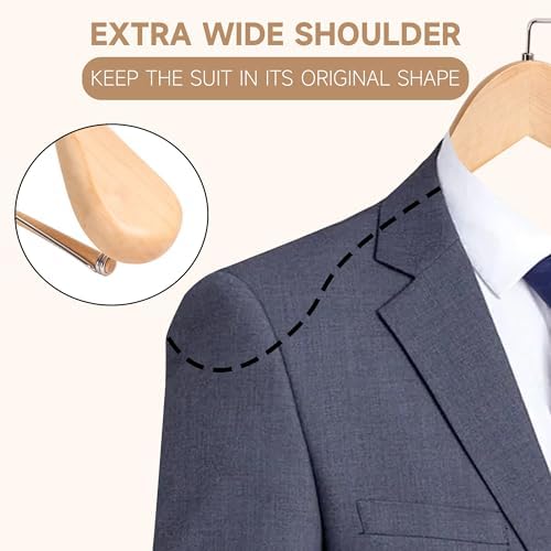 Wide Shoulder Wooden Hangers with Locking Bar, Natural Wood, 2-Pack