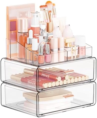 Yieach Clear Acrylic Makeup Organizers Countertop for Dresser,Desk,Bathroom Vanity,3 Tier Stackable Make up Holders and 