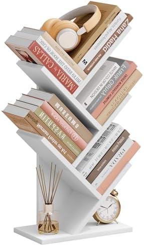 Hoctieon 4 Tier Tree Bookshelf, 4 Shelf Bookcase, Free Standing Tree Bookcase, Display Floor Standing Shelf for Books, B