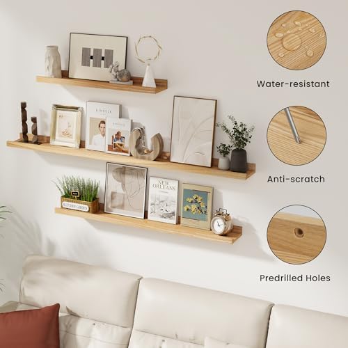 Acovy Solid Ash Wood Picture Ledge Shelf, 56 Inch, Natural, Set of 2