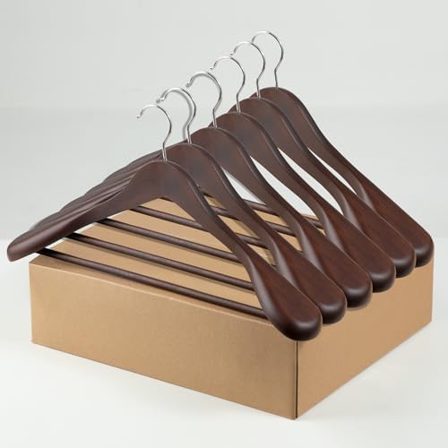 Coat Hanger, 6 Pack Heavy Duty Wooden Hangers with Extra Wide Shoulder, 17.5" Luxury Suit Hanger for Closet, Walnut with 360 Swivel Hook & Strong Pant Bar