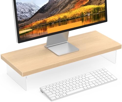 Monitor Stand Riser, 25x10 in Wood & Acrylic Computer Desk Organizer Shelf