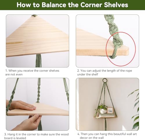 Artilady Macrame Corner Shelf Wall Hanging, Adjust Green Boho Wall Decor