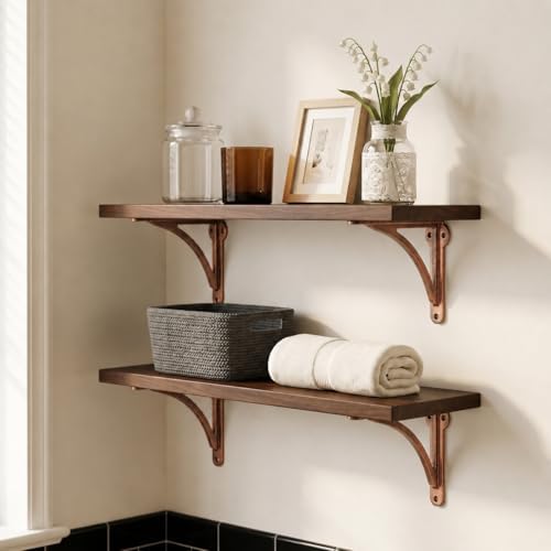 Khtumeware 100% Solid Brass Decorative Shelf Brackets, 6-inch Wall-Mounted Shelving Brackets, 2-Pack Antique Copper Vint