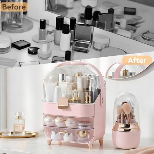 Makeup Organizer for Vanity with Brush Holder, Lid and 2 Drawers, Pink