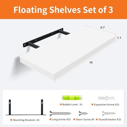 Upassion White Floating Shelves - Set of 3, 16" Wall Mounted Shelves for Home Decor, Living Room, Bedroom, Bathroom, Kit