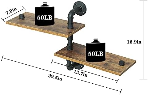 2 Tier Industrial Shelves, Industrial Pipe Shelving, Pipe Corner Shelves with Wood Planks, Floating Shelves Wall Mounted