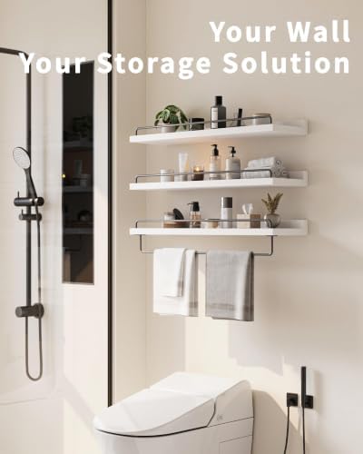 Seocry Bathroom Shelves, Wall Shelf Set of 3, Floating Shelves, Shelves for Room Wall, Bathroom Decor (White Grey, 23.1 