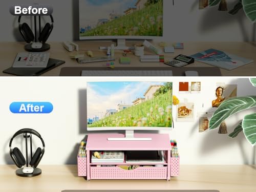 Spacrea Computer Monitor Stand with Drawer and 2 Pen Holders, Pink