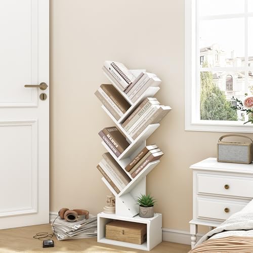 Hoctieon 6 Tier Tree Bookshelf, Tall Bookcase with Drawer, Freestanding Book Shelf, Display Floor Standing Storage Shelf