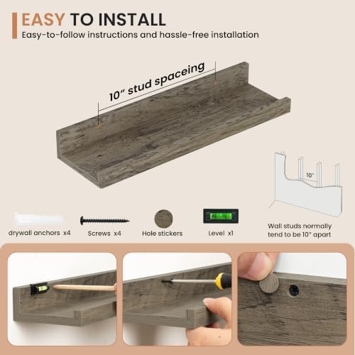 Dreamland Picture Ledge Shelf for Wall, Floating Shelves Set of 4,16 inch Long Floating Shelves with Lip for Living Room,Bedroom,Bathroom,Kitchen,Grey