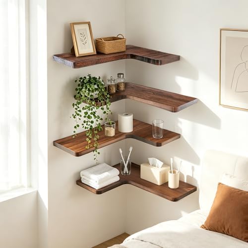 Solid Wood Corner Floating Shelves, L-Shaped, Brown, Set of 4