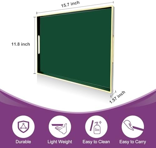 Gifturbo Large Serving Tray with Handles，Green Rectangular Plastic Elegant Decorative Coffee Table Trays for Ottoman, Li