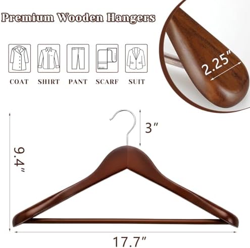 Premium Wooden Suit Hangers for Men Women, 8 Pack Wide Shoulder Wooden Hangers with Non Slip Pants Bar for Suits, Coats, Jackets, Dress, Heavy Duty Wide Clothes Hanger, Walnut