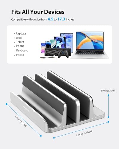 AboveTEK Vertical Laptop Stand, 3 Slots Aluminum Desk Laptop Holder & Laptop Docking Station Stand for MacBook, Tablet, 