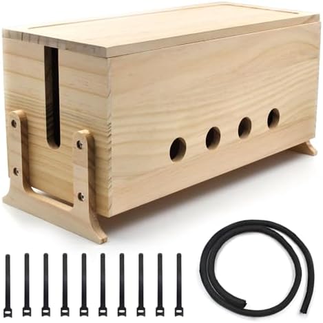 Large Wood Cable Management Box, Natural Cord Organizer 14.2"