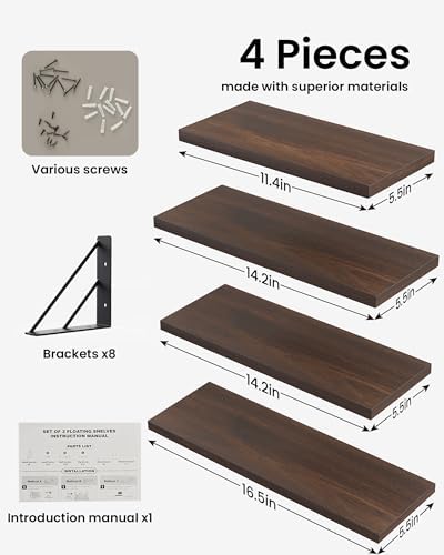BAYKA Wall Mounted Floating Shelves (Walnut-Like, Set of 4, 16" Mixed)