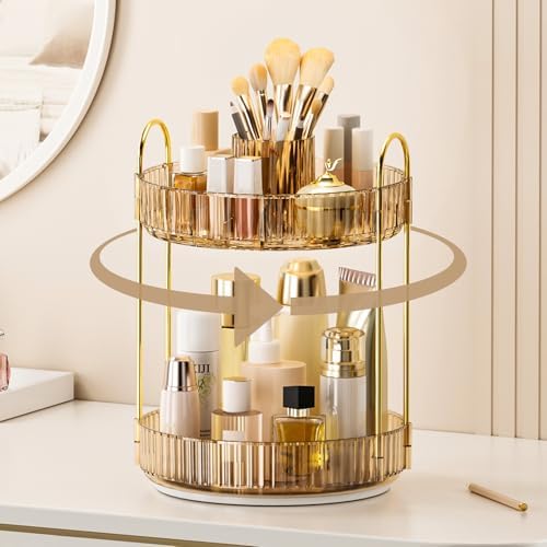 360° Rotating Makeup Organizer, Upgraded 2 Tier Skincare Perfume Organizers for Women, Bathroom Organizer Countertop, Cl