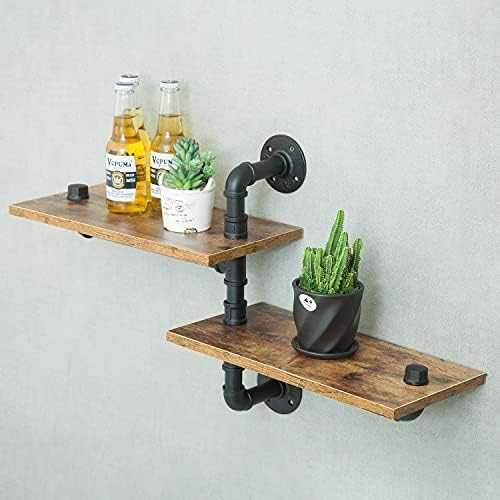 2 Tier Industrial Shelves, Industrial Pipe Shelving, Pipe Corner Shelves with Wood Planks, Floating Shelves Wall Mounted