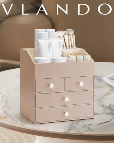 VLANDO Makeup Brush Holder with 4 Drawers,Toffee