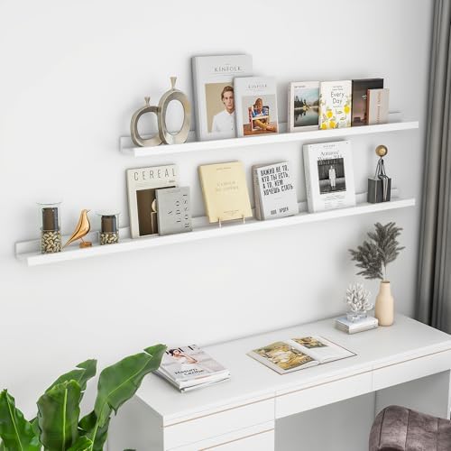 FLYJOE Picture Ledge Shelf for Wall, 24 inch Solid Ash Wood Nursery Book Shelves 2 Packs, Floating Shelves for Kids' Room Bedroom Bathroom Living Room Photo Frames Office Nursey Wall Decor, White