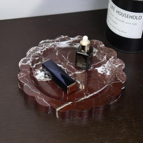 Round Marble Decorative Tray with Scalloped Edge, Luxury Natural Stone Bathroom Vanity Tray, Dresser Top Perfume Coffee 