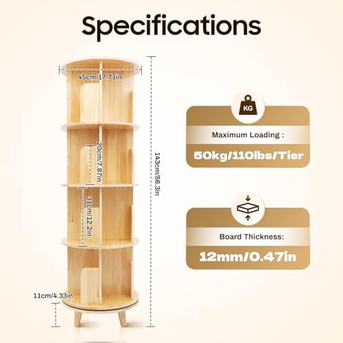 Rotating Bookshelf,Revolving Bookcase,Stackable Bookshelf Organizer, Swivel Bookcase Round Bookshelf, Book Shelf for Bed