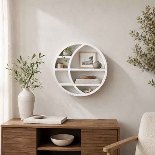 Wooden Crescent Moon Shelf Wall Decor — Aesthetic Floating Crystal Display Holder & Hanging Wall Organizer for Bedroom, 