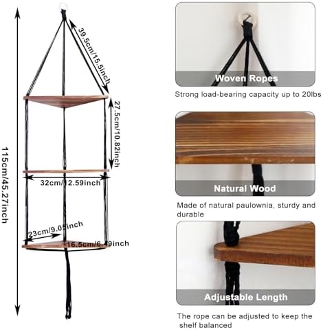 Artilady Corner Shelf Macrame Wall Hanging, 3 Tier Black Boho Storage Decor