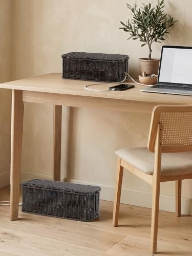 Cable Management Box, Cord Organizer with Lid & Cable Ties - Black Set