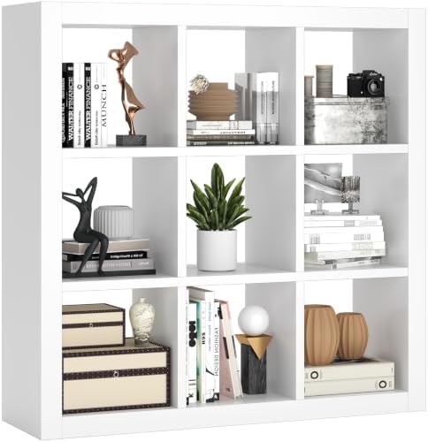 Bookshelf 9-Cube Storage Organizer Sturdy Wooden Bookcase Open Book Shelf, Multifunctional Cubicle Rack for Storages & D