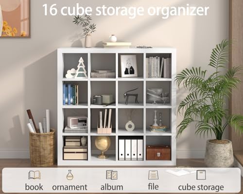furtble Bookshelf with Storage Bins, 16-Cube Storage Organizer with Back Panels, Modern Wood Open Bookcase, Multifunctio