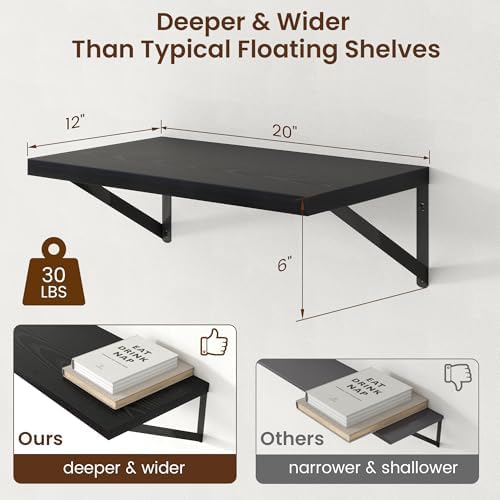 Axeman Deep Floating Shelves - 20 Inch Black Floating Shelves Set of 2-12 Inch Deep Wood Wall Shelves for Living Room Ba