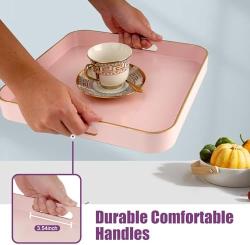 Gifturbo Pink Square Decorative Tray,Serving Tray with Handles with Gold Trimming Plastic Coffee Table Tray for Ottoman,