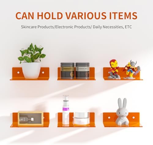 Sezanrpt 9 Inch Orange Wall Shelves, Acrylic Wall Mounting Ledges Display, Acrylic Display Wall Shelf for Funko Pop Figures, Collectibles, Plants, Décor, Toiletries, Spices, 2 Pack