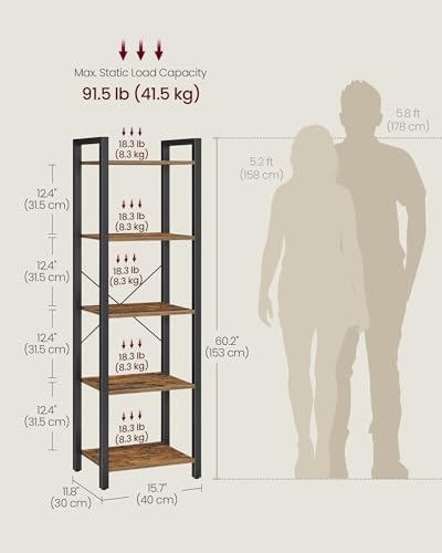 VASAGLE 5-Tier Bookshelf, Bookcase Book Shelf with Steel Frame,