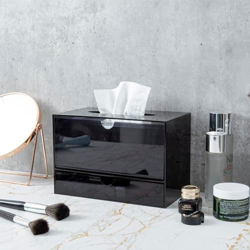 MyGift Premium Black Acrylic Cosmetic Organizer Caddy and Tissue Box Cover with Pull Out Makeup Storage Drawer - Counter