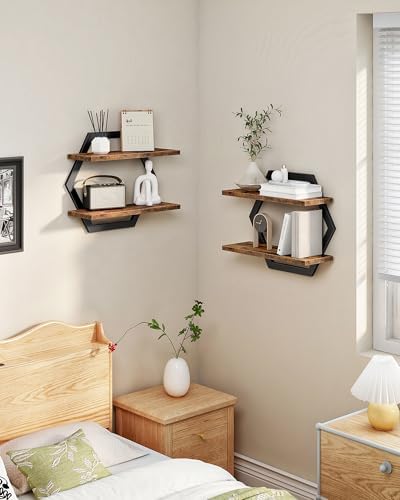 CHOEZON Hexagon Floating Shelves for Wall, Set of 2, 2 -Tier Hanging Shelves, Wall Mounted Storage Shelves, for Living R