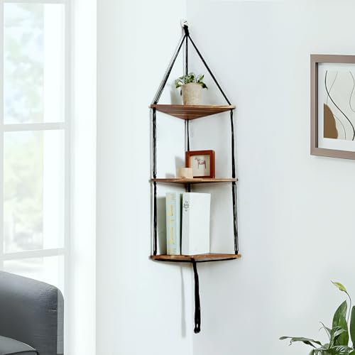 Artilady Corner Shelf Macrame Wall Hanging, 3 Tier Black Boho Storage Decor