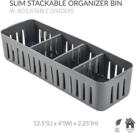 Simplify 4 Compartment Stackable Bin with Adjustable Dividers | Drawer Organizer | Storage Basket | Good for Office | Desk Supplies | Dorm |Bathroom | Accessories | Make Up | Grey