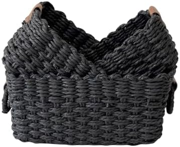 QINGTUHONE Woven Paper Rope Wicker Basket for Organizing(Set of 3,Black)