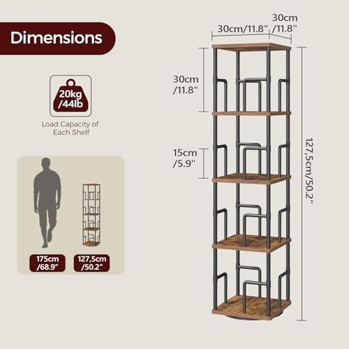 MAHANCRIS 4-Tier Rotating Bookshelf, Freestanding Corner Bookshelf, 360° Spinning Bookcase, Industrial Style Storage Rac