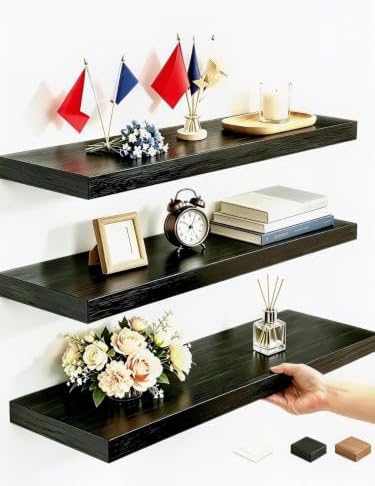 Vervida® Black Rustic Floating Wall Shelves 15in Set of 3 Hidden