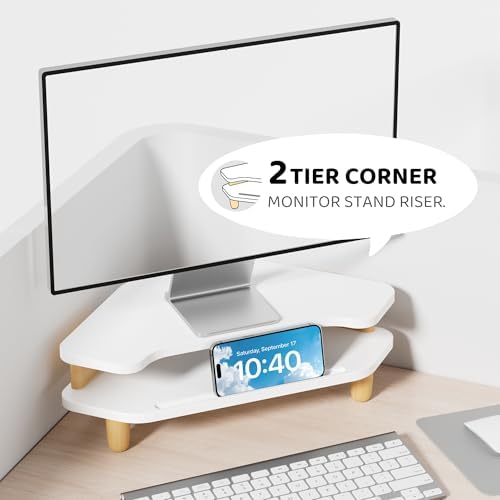 AFOOYO Monitor Stand Riser,2 Tier Corner Wood Sturdy 16.5In Computer Stand, Multi-Purpose Desktop Storage Stand for Lapt